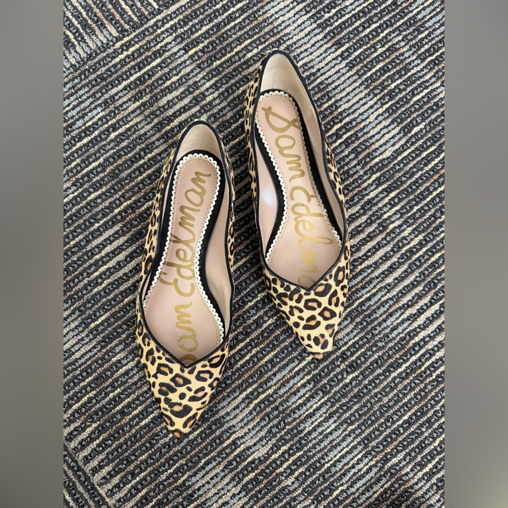 Sam Edelman Leopard Print Cow Hair Pointed Flats in Tan and Black